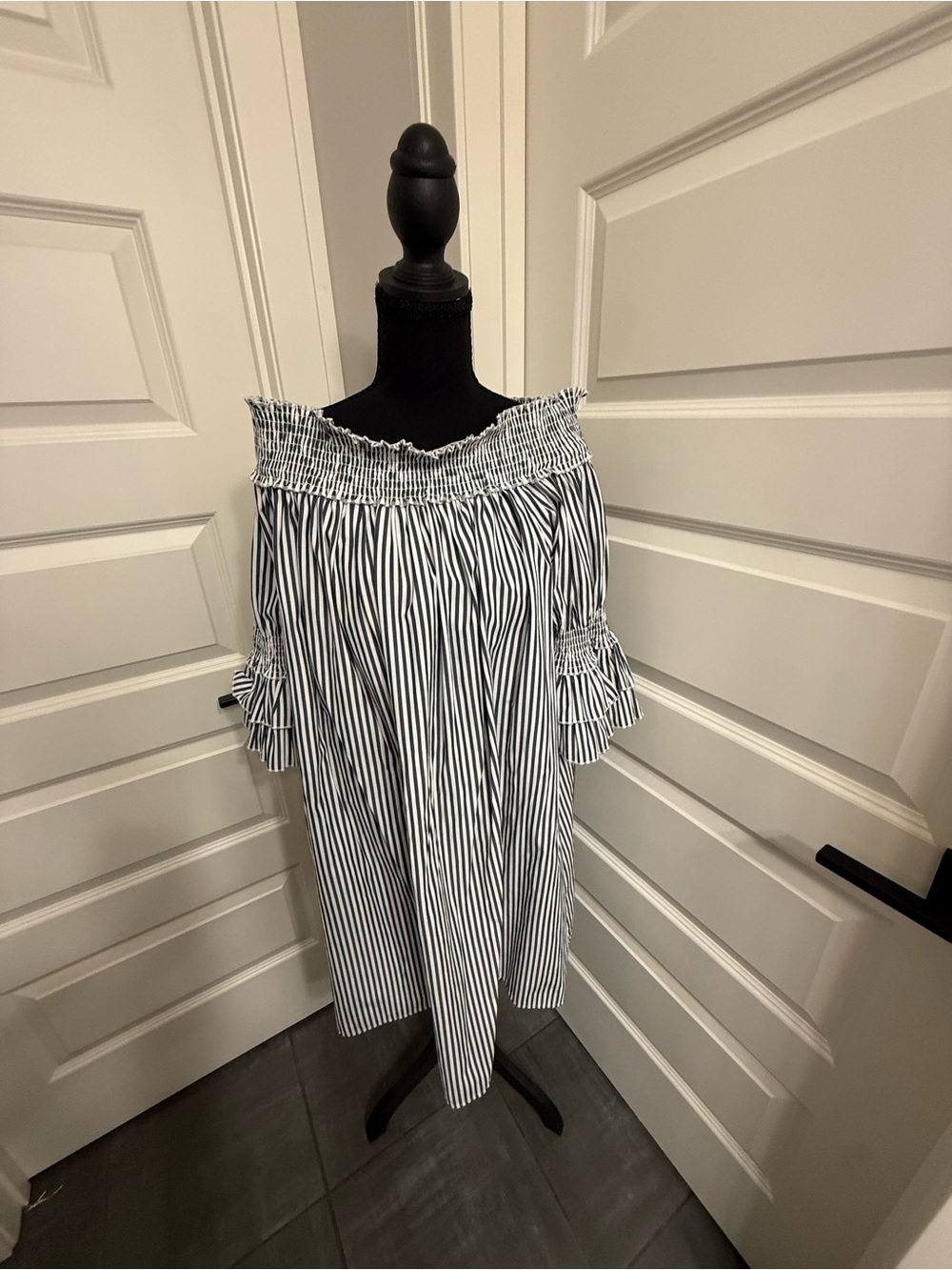 Off the Shoulder Navy & White Striped Dress.